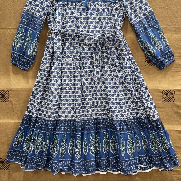 Emerson Fry India Collection Blue&White Paisley Cotton Boho Peasant Midi Dress - Picture 3 of 16